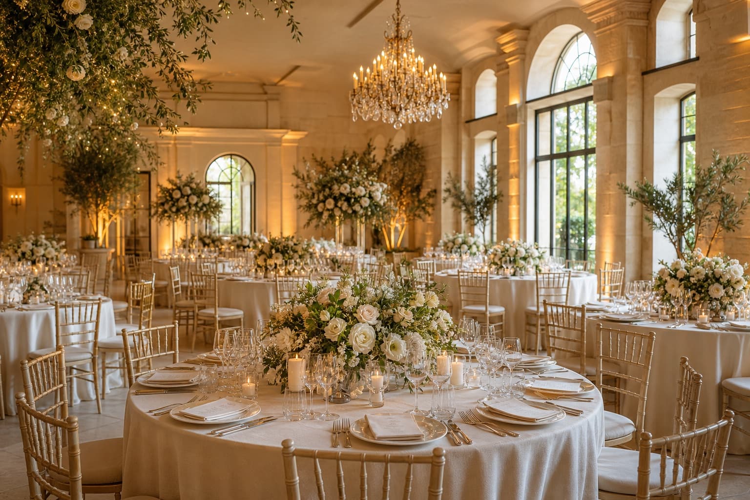 Luxury champagne and ivory wedding venue reception with floral tablescape